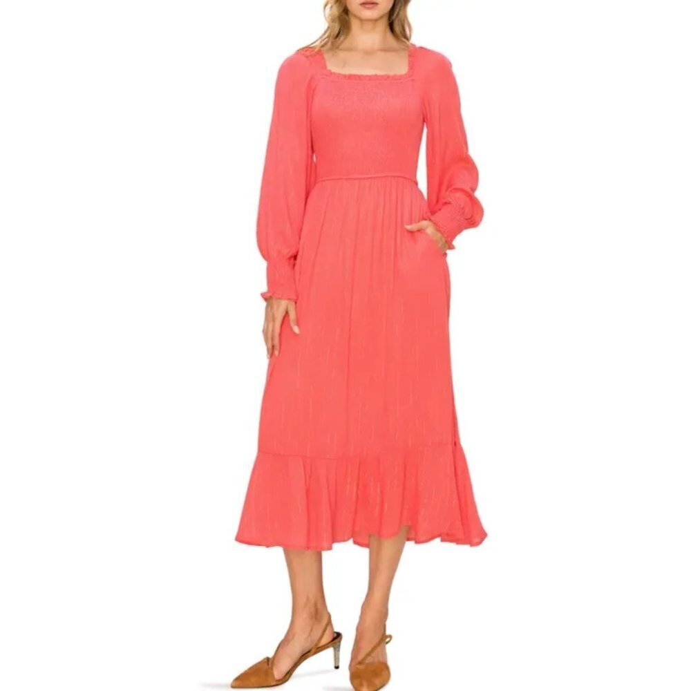 MELLODAY Womens Metallic Stripe Smocked Long Sleeves Midi Dress Size S